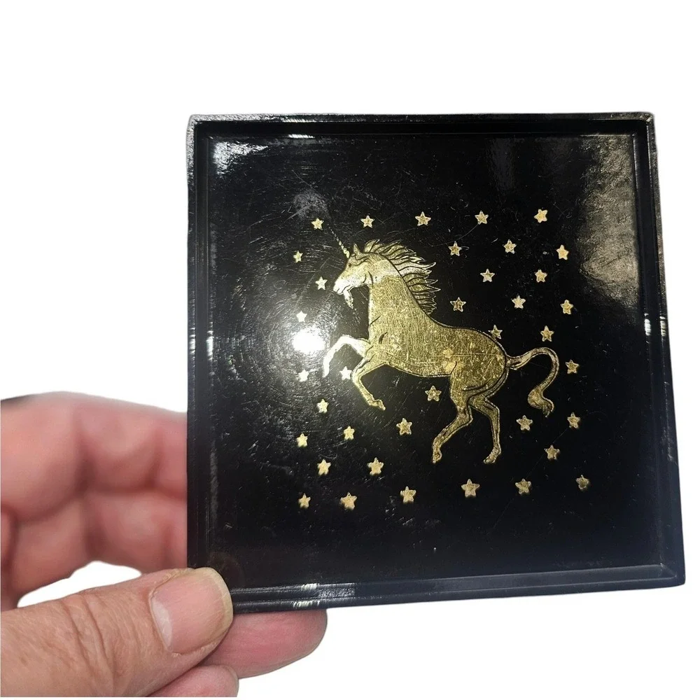VTG Otagirl Black Gold Unicorn Coaster Set with Holder Stars Celestial 5 Piece